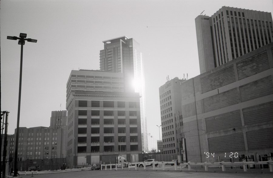 Towers, winter light, black and white 35mm film.